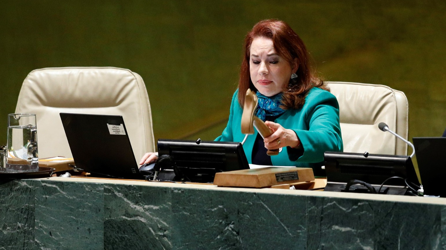 Maria Fernanda Espinosa Garces, president of the 73rd session of the UN General Assembly, attends its 30th plenary meeting at the UN headquarters in New York, November 1, 2018. /CFP
