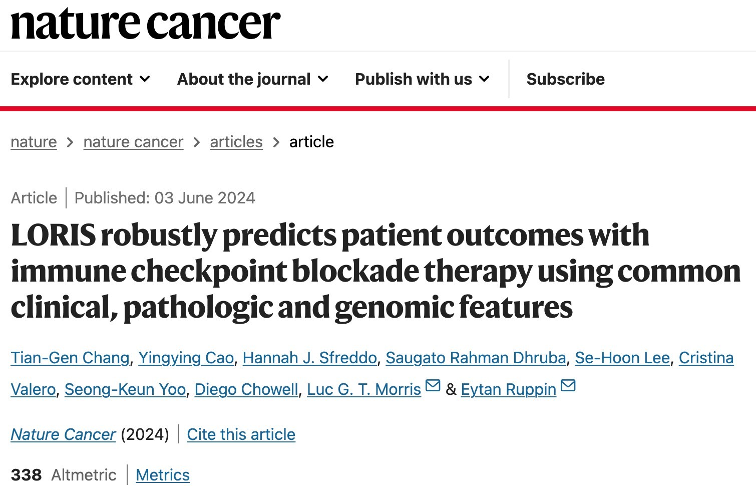 A screenshot of the study published in Nature Cancer, June 3, 2024. 