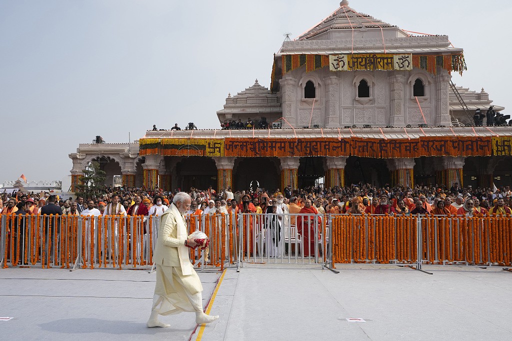 Indian Prime Minister Narendra Modi inaugurates the opening of a Hindu temple built on the ruins of a historic mosque, Ayodhya, India, January. 22, 2024. /CFP