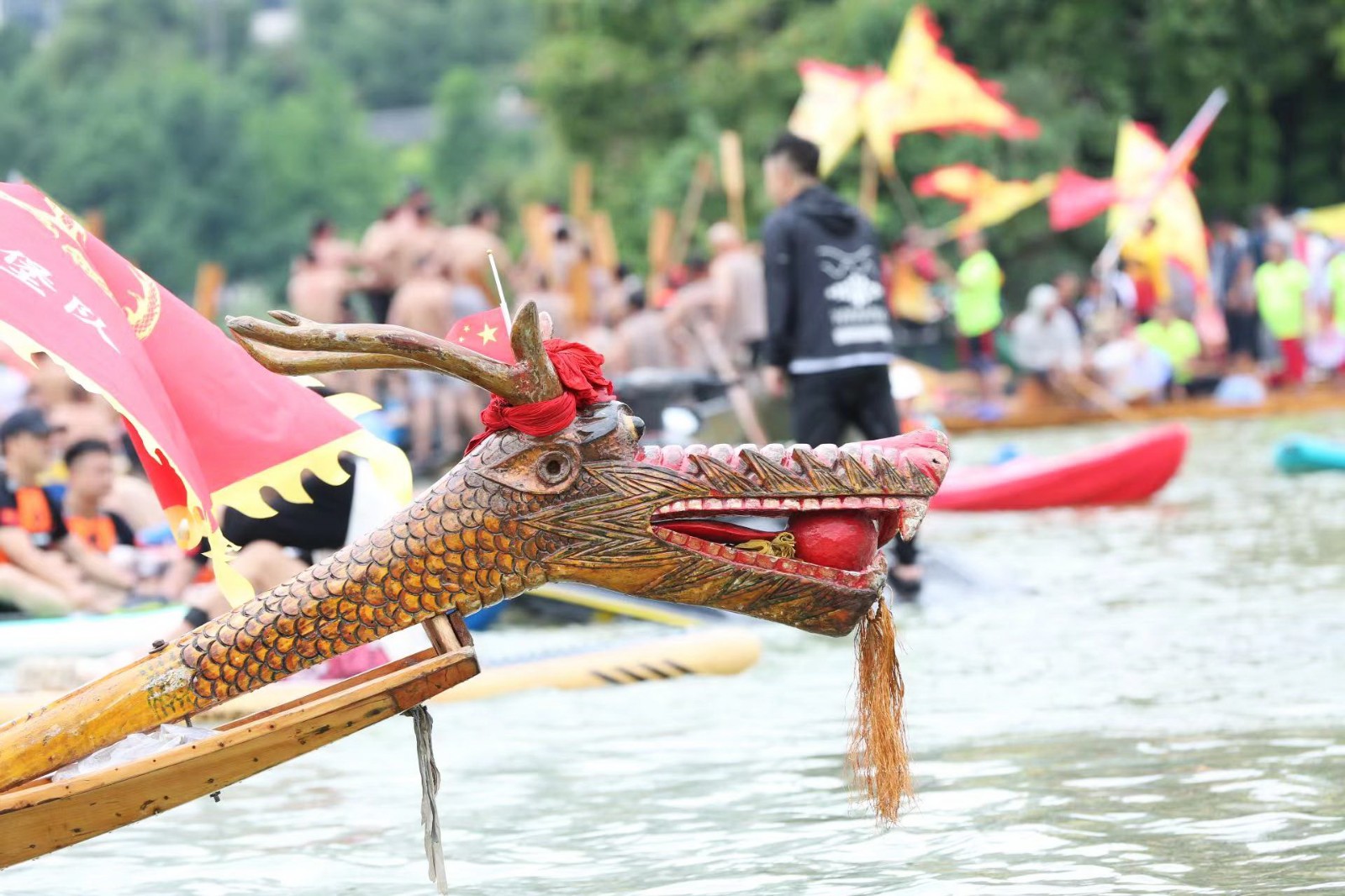 Dragon boats line up in an impressive display in Tongren City, Guizhou Province on June 1, 2024. /Photo provided to CGTN