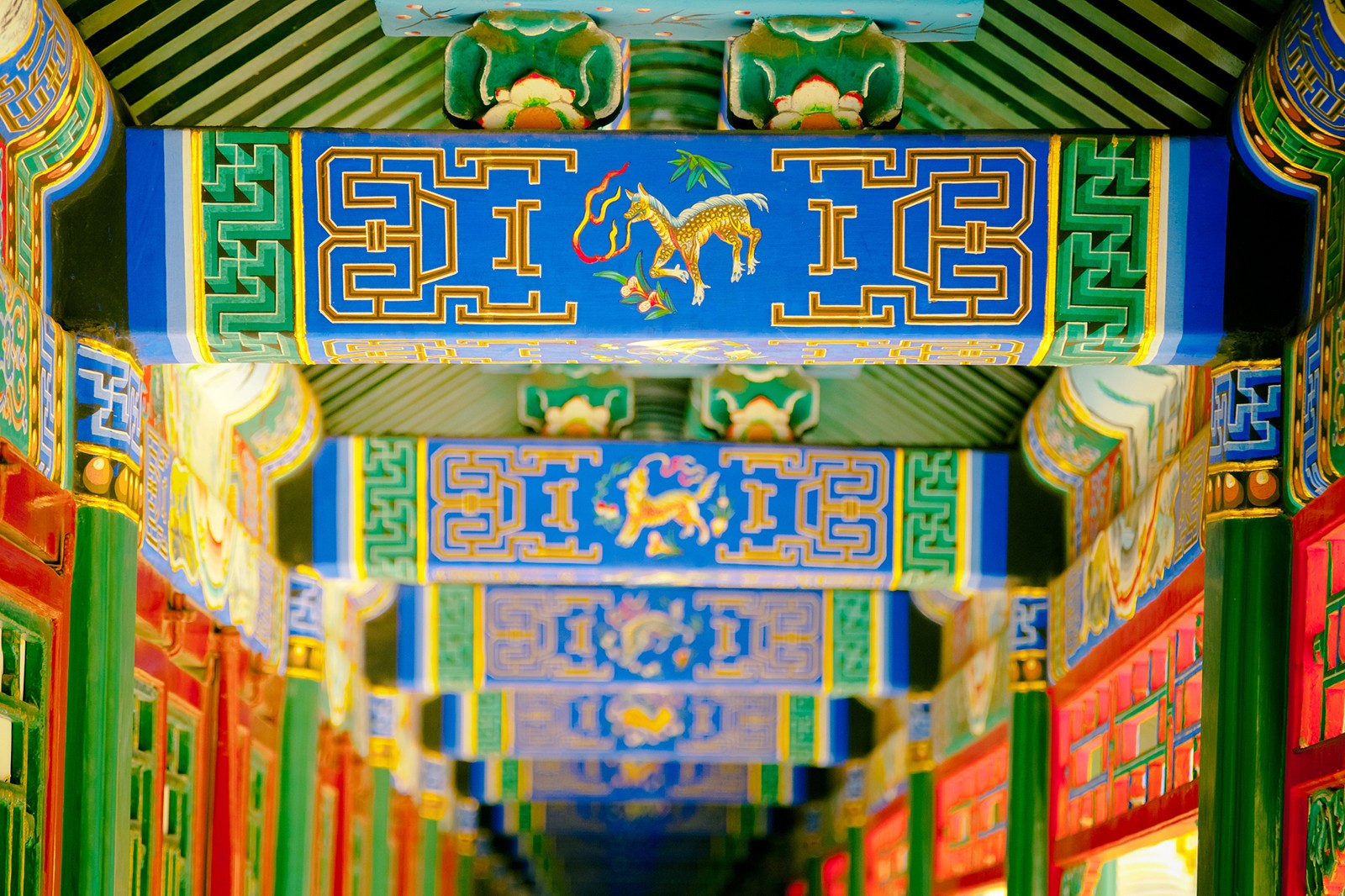 Green paint adorns the woodwork in a corridor at the Summer Palace in Beijing. /CFP