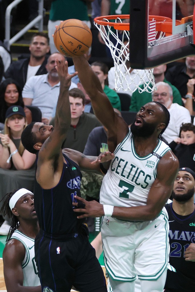 Jaylen Brown (#7) of the Boston Celtics blocks a shot by Kyrie Irving of the Dallas Mavericks in Game 1 of the NBA Finals at TD Garden in Boston, Massachusetts, June 6, 2024. /CFP