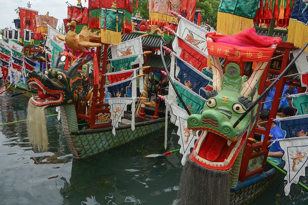 Heads of dragon boats are pictured in Hangzhou, Zhejiang Province on June 2, 2024. /CFP