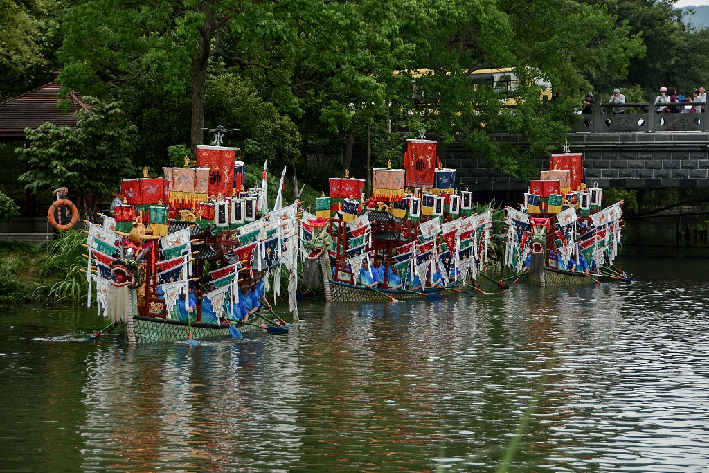 Dragon boats are pictured in Hangzhou, Zhejiang Province on June 2, 2024. /CFP