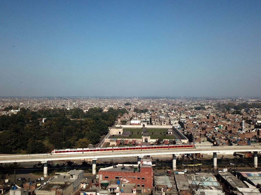 An Orange Line Metro Train running on the track in Lahore, Pakistan, February 2, 2024. /Xinhua