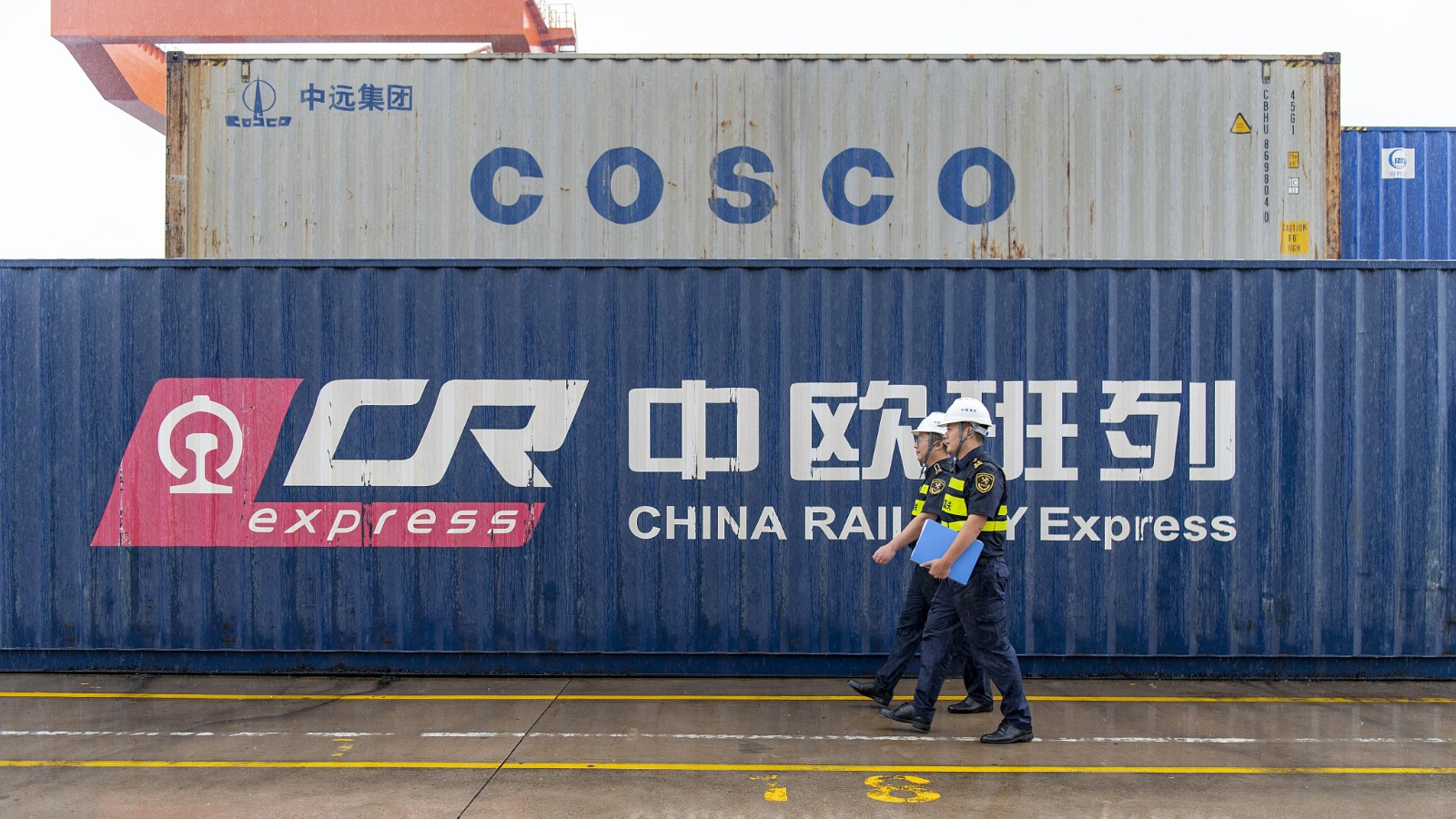 Customs officers check the China-Europe freight train containers in Jinhua, east China's Zhejiang Province, June 5, 2024. /CFP