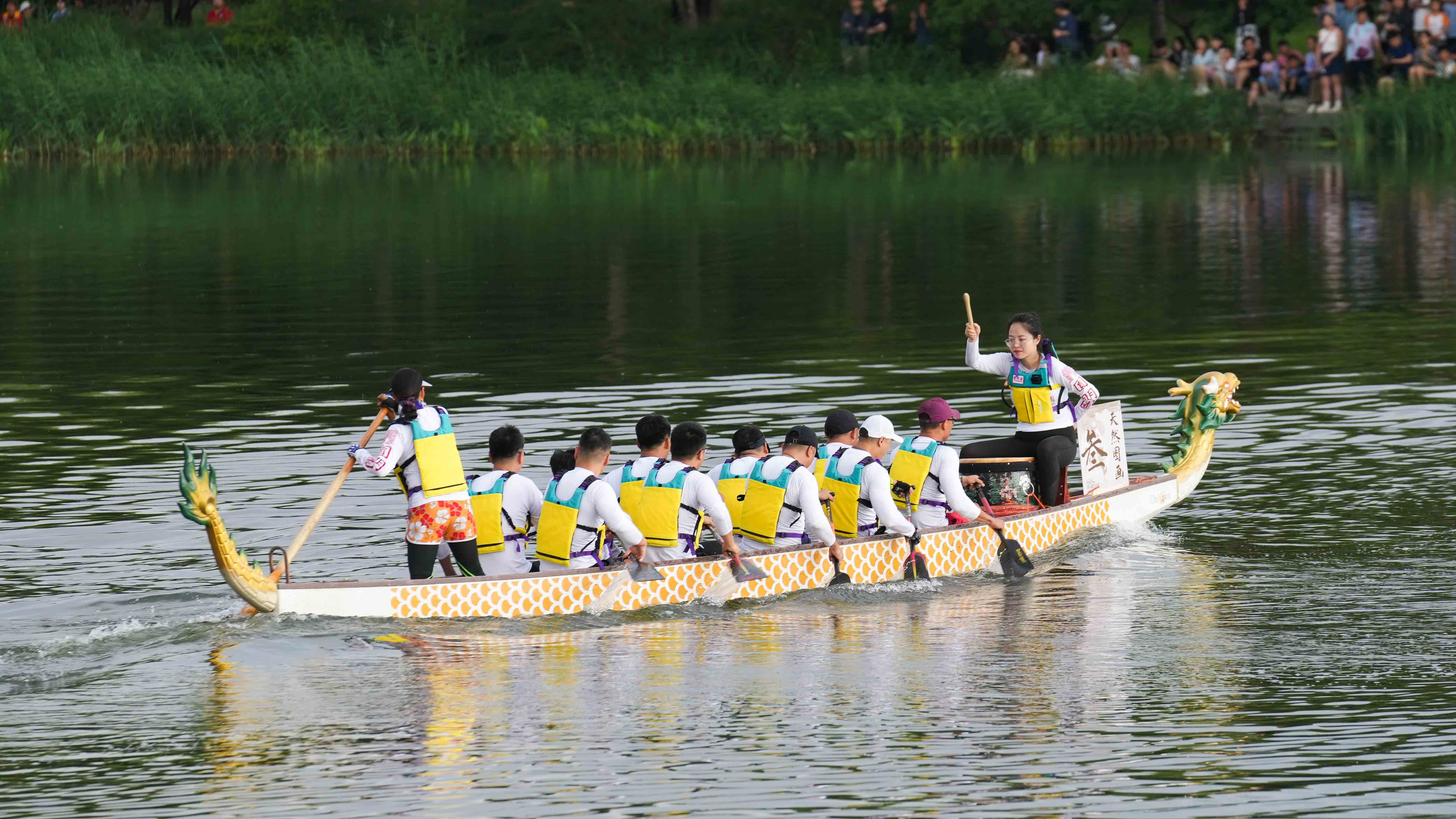 During the Dragon Boat Festival, nine teams participated in a 3,000-meter dragon boat race at Yuanmingyuan Park in Beijing, June 10, 2024. Chen Bo /CGTN
