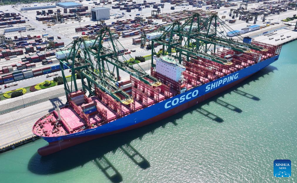 The container ship COSCO Shipping Camellia berthed at the Pacific International Container Terminal of Tianjin Port in north China's Tianjin, May 15, 2024. /Xinhua