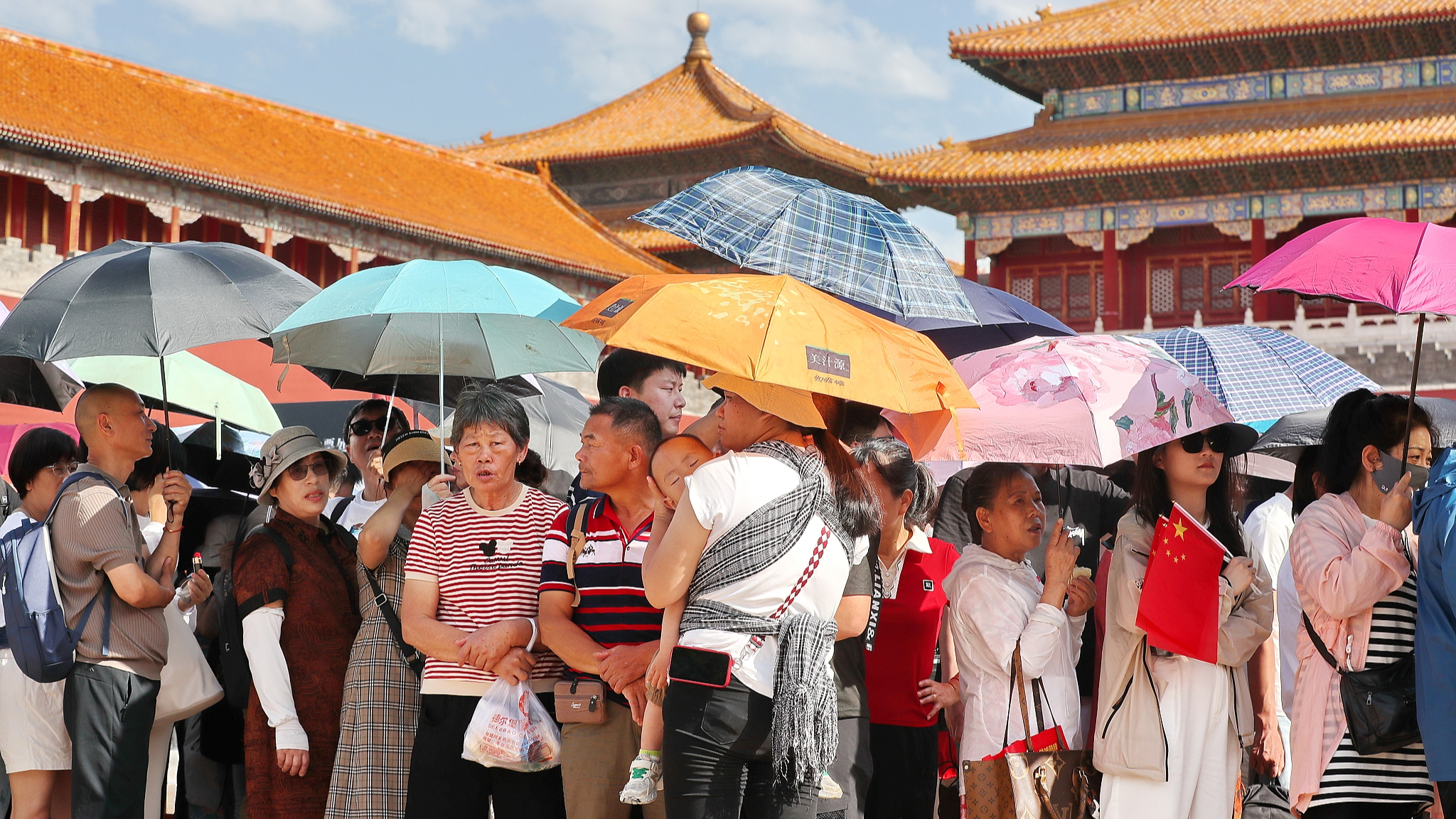 Tourists visiting the Forbidden City use umbrellas to protect themselves in the hot sun, Beijing, China, June 12, 2024. /CFP