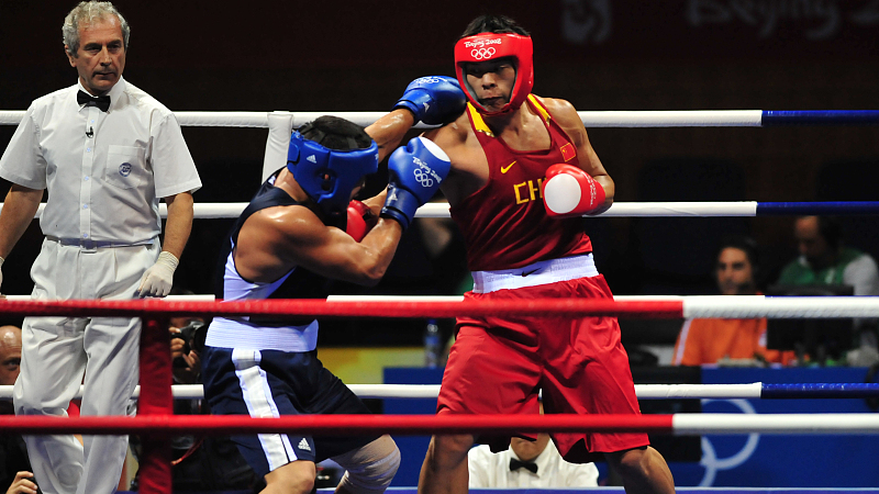 Zhang Zhilei competes in the men's 91kg quarterfinals at the Beijing Olympics, Beijing, China, August 18, 2008. /CFP 