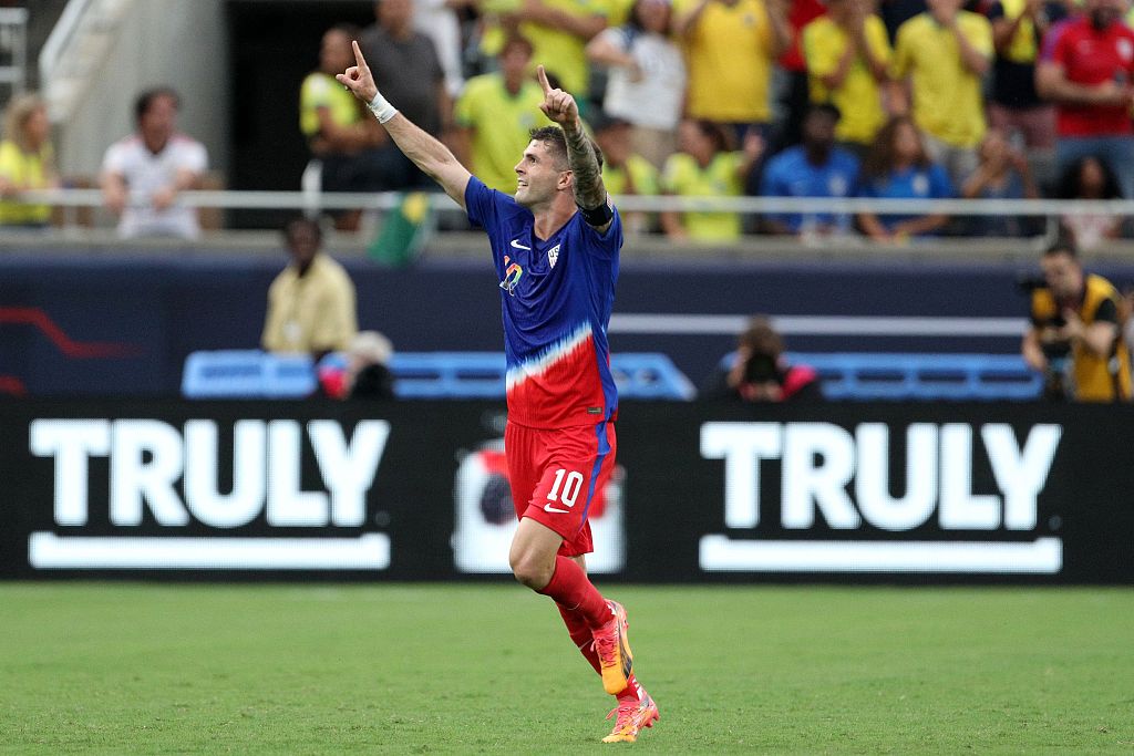 Christian Pulisic of USA celebrates after scoring a goal in the international warm-up against Brazil at the Camping World Stadium in Orlando, Florida, June 12, 2024. /CFP