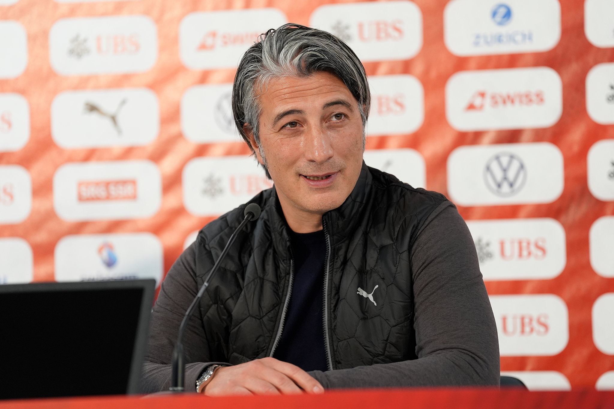 Head Coach Murat Yakin of Switzerland at a press conference after the international friendly match against Austria at Kybunpark in St. Gallen, Switzerland, on June 8, 2024. /CFP