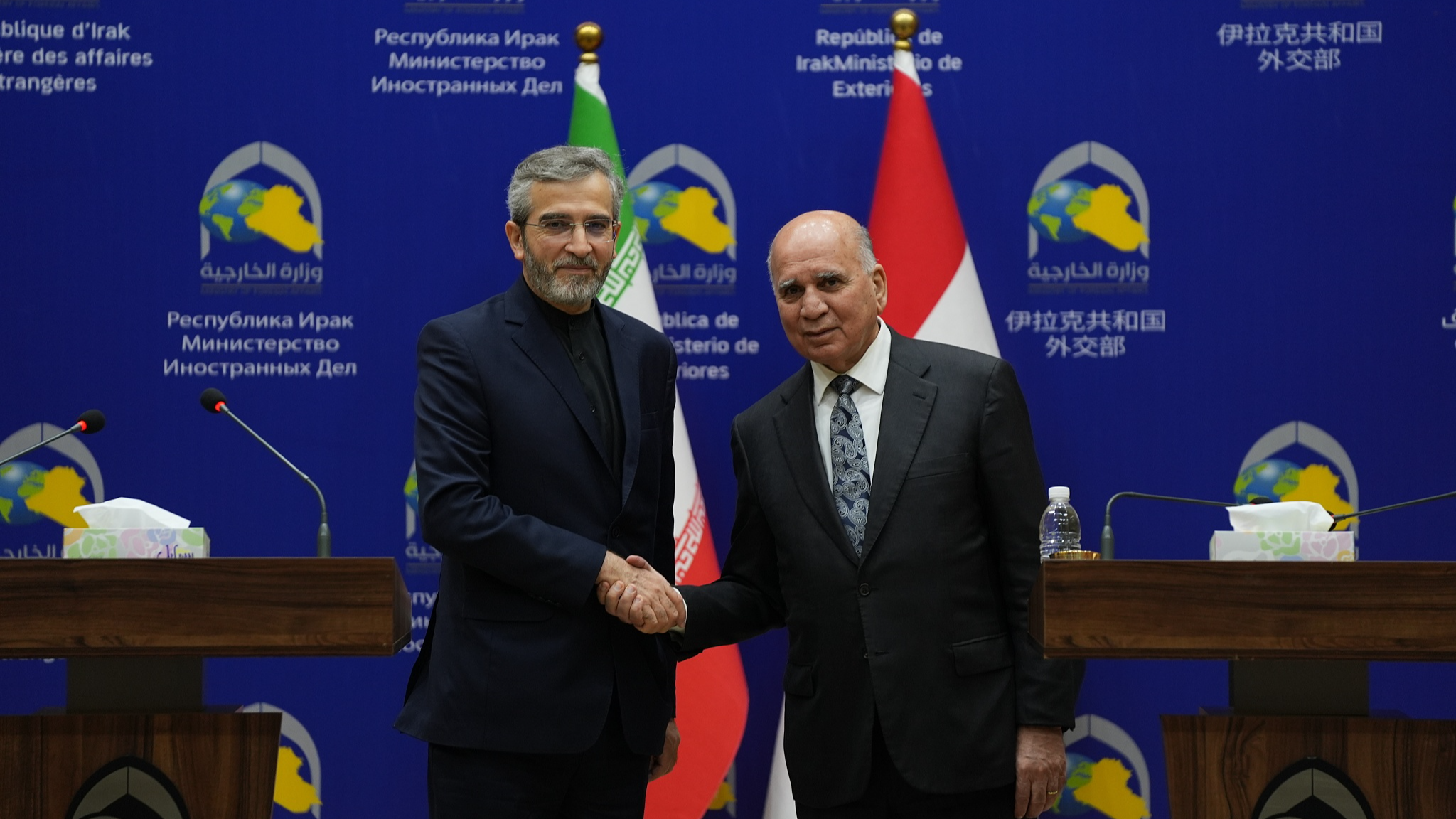 Iran's Caretaker Foreign Minister Ali Bagheri Kani and Iraqi Foreign Minister Fuad Hussein hold a joint news conference after their meeting in Baghdad, Iraq on June 12, 2024. /CFP