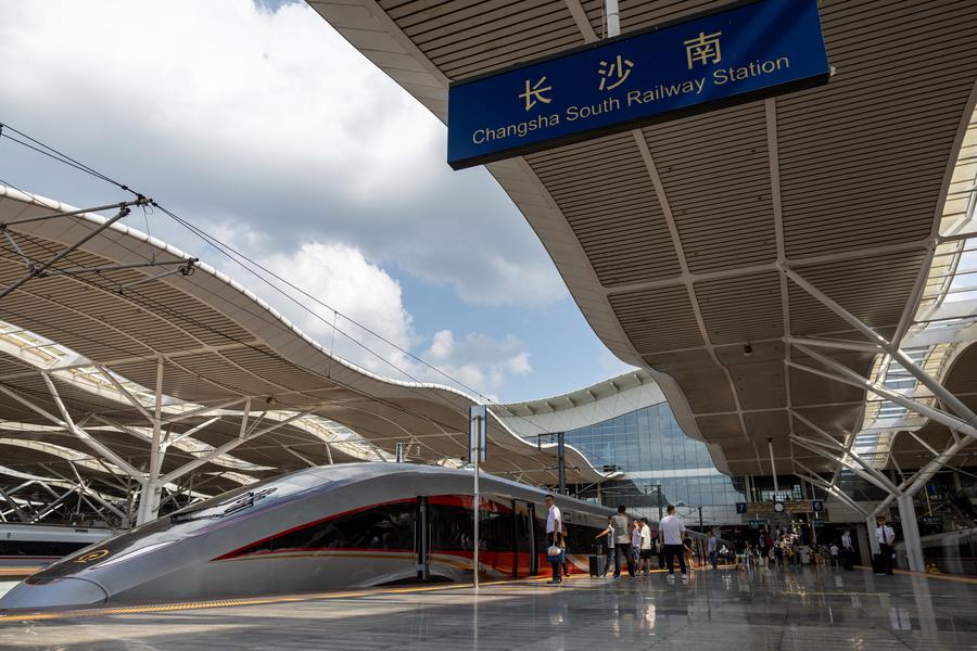 The G875 bullet train bound for Shenzhen at Changsha South Railway Station in Changsha, capital of central China's Hunan Province, June 15, 2024. Xinhua