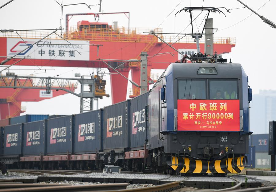 Freight train X8157, bound for Malaszewicze, Poland, departs from Xi'an, the capital city of northwest China's Shaanxi Province, May 25, 2024. /Xinhua