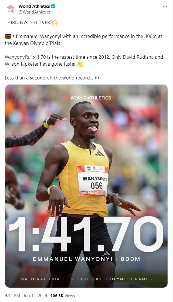 World Athletics' tweet on June 15 about Emmanuel Wanyonyi. /@WorldAthletics