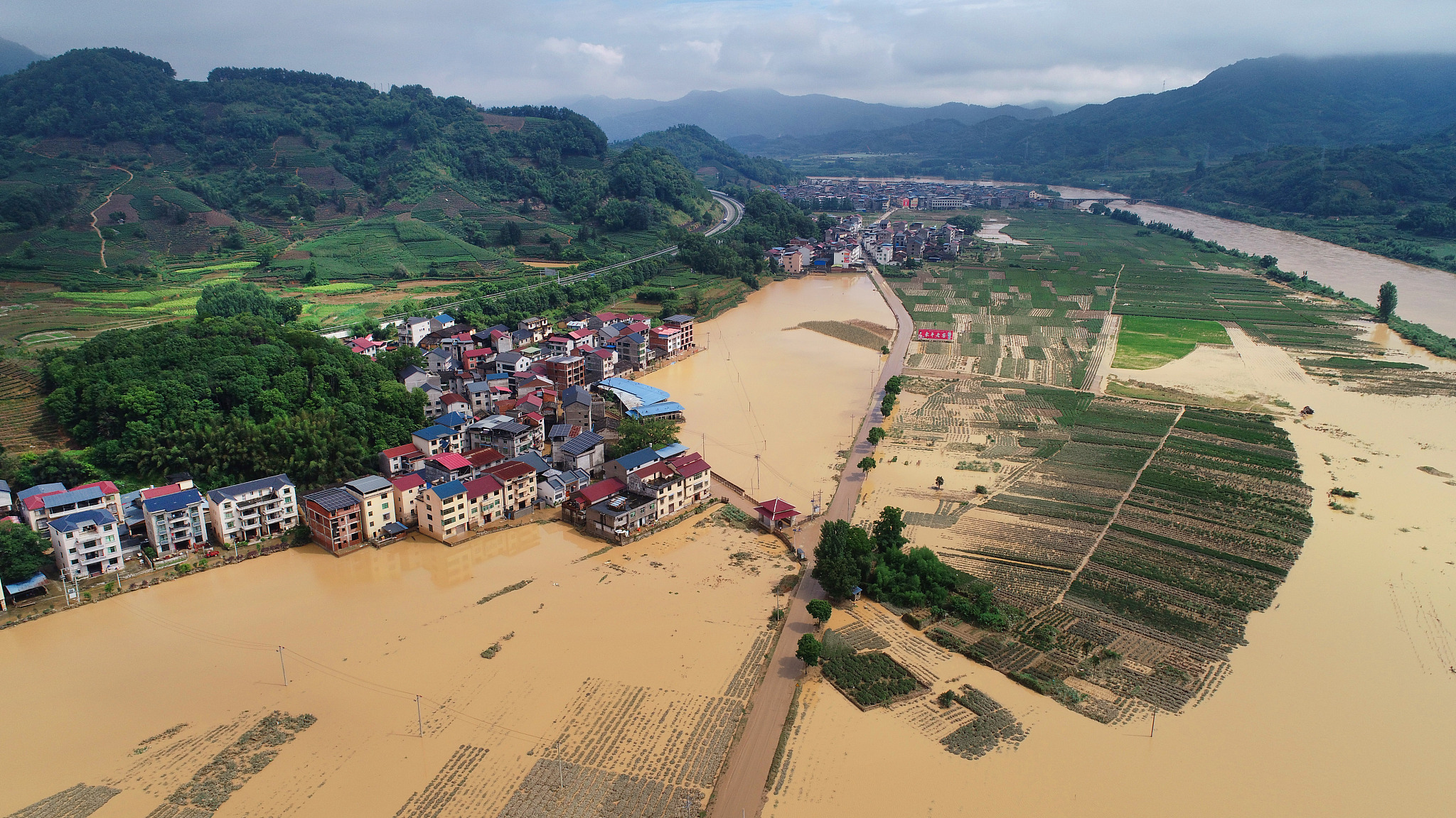 An aerial view of a 100-meter-long road flooded by rainwater in Nanping City, southeast China's Fujian Province, June 16, 2024. /CFP