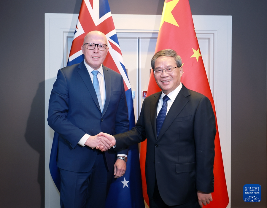 Chinese Premier Li Qiang shakes hands with Australian Leader of the Opposition Peter Dutton in Canberra, Australia, June 17, 2024. /Xinhua
