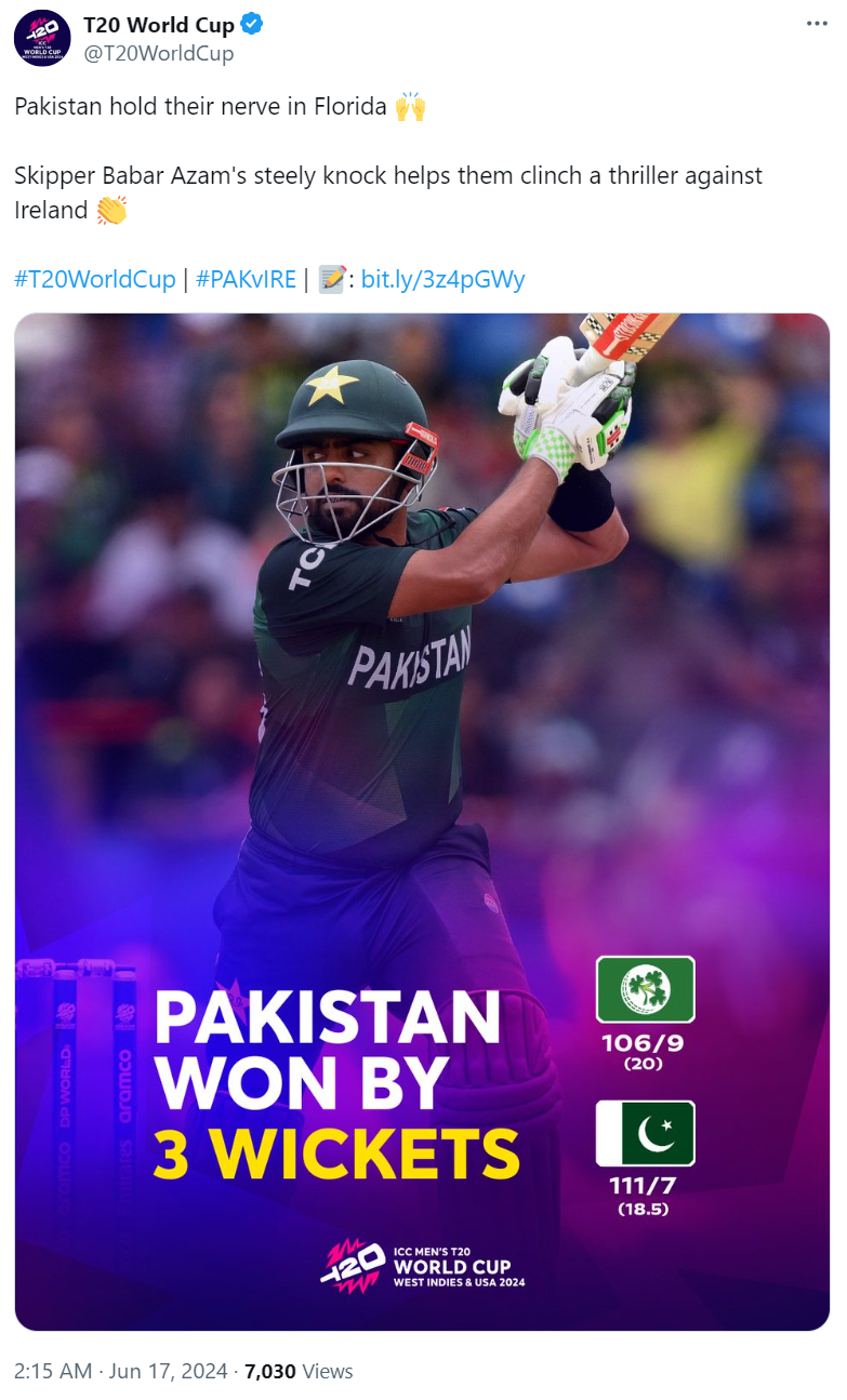 T20 World Cup's tweet on June 17 about Babar Azam. /@T20WorldCup