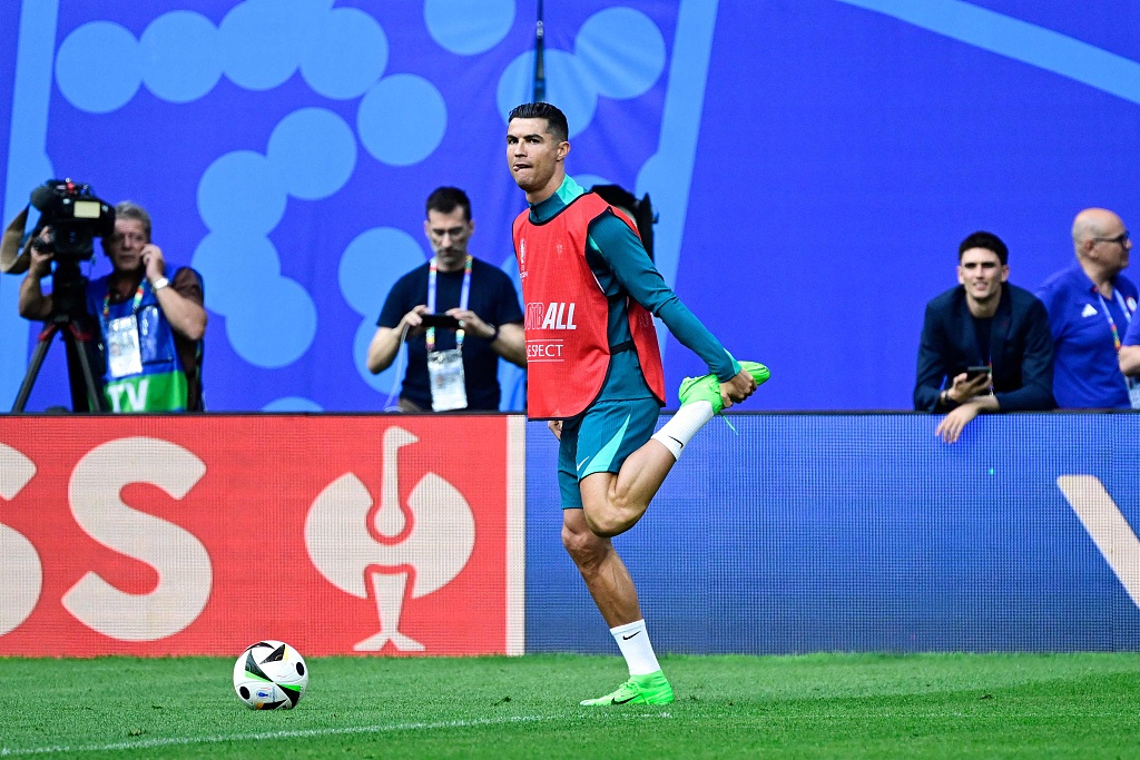 Cristiano Ronaldo of Portugal works during team practice at the Leipzig Stadium in Leipzig, Germany, June 17, 2024. /CFP