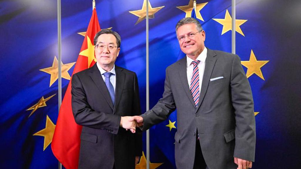 Chinese Vice Premier Ding Xuexiang meets with Vice-President of the European Commission for the European Green Deal Maros Sefcovic in Brussels, Belgium, June 18, 2024. /Xinhua Photo
