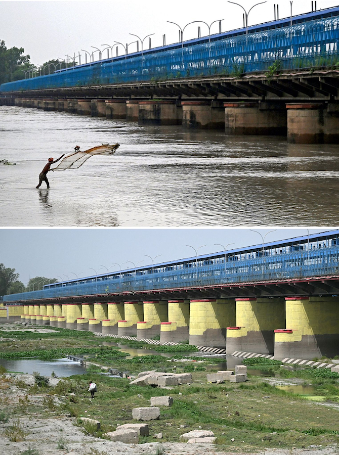 A fisherman casts his net in deluged Yamuna River after monsoon rains on July 15, 2023 (above) and a man walks across the dried riverbed of the river in New Delhi, India, on June 19, 2024.