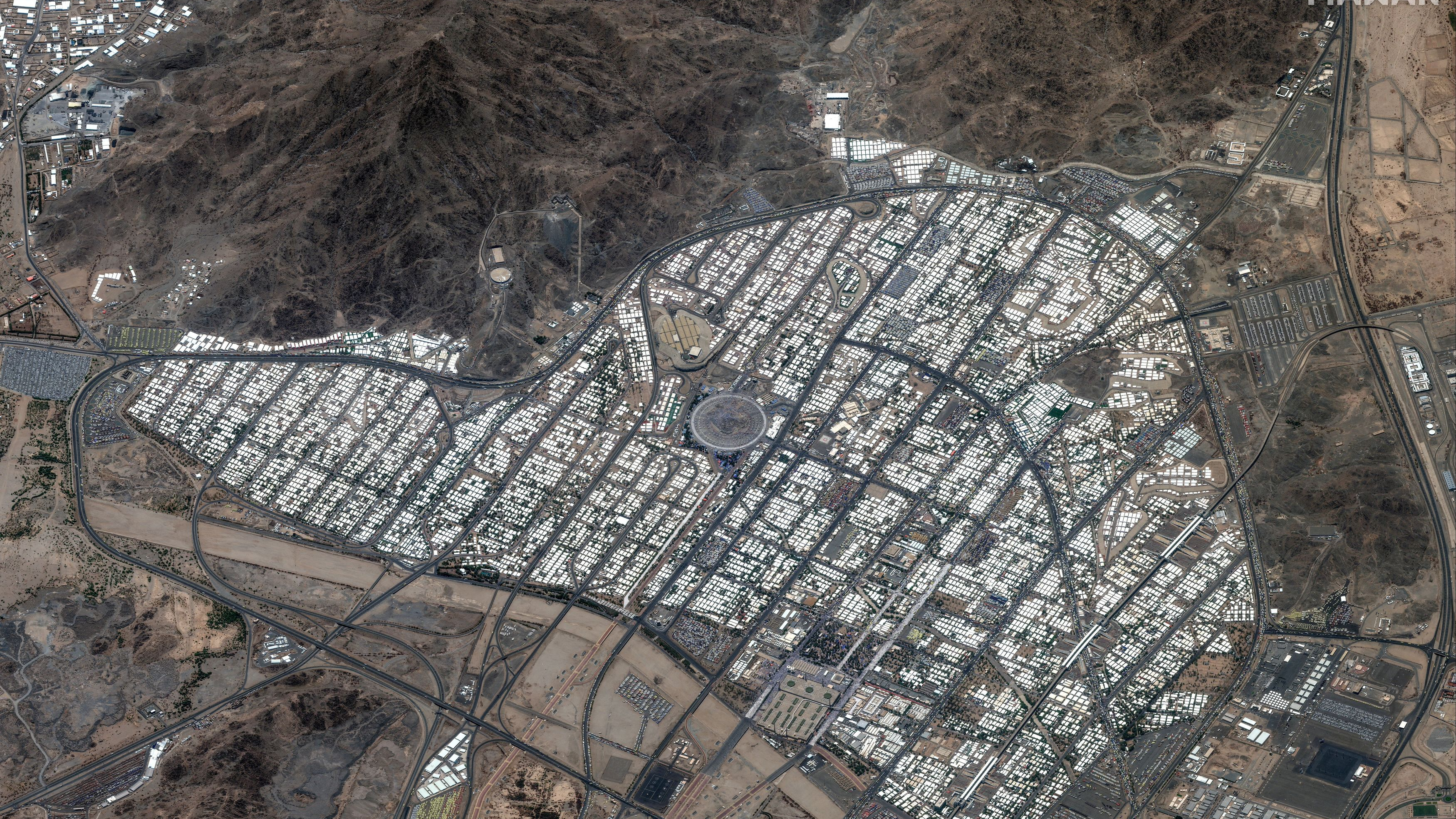 A satellite image shows an overview of Mount Arafat and Pilgrim Tent City during the annual Hajj pilgrimage, in Mecca, Saudi Arabia, June 15, 2024. /Reuters
