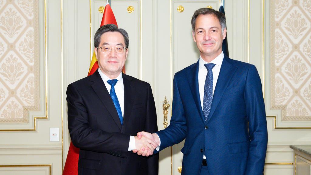 Chinese Vice Premier Ding Xuexiang (L), also a member of the Standing Committee of the Political Bureau of the Communist Party of China Central Committee, meets with Alexander De Croo, caretaker prime minister of Belgium in Brussels, Belgium, June 19, 2024. /Xinhua