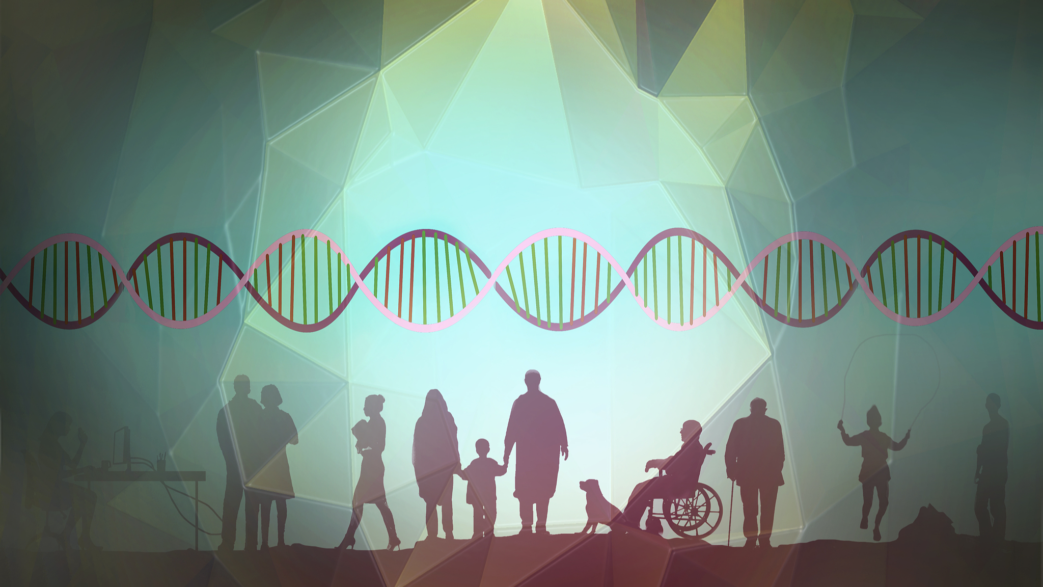 An illustration shows an ALS patent sitting in a wheelchair surrounded by family members, with a background of genes and chromosomes. /CFP