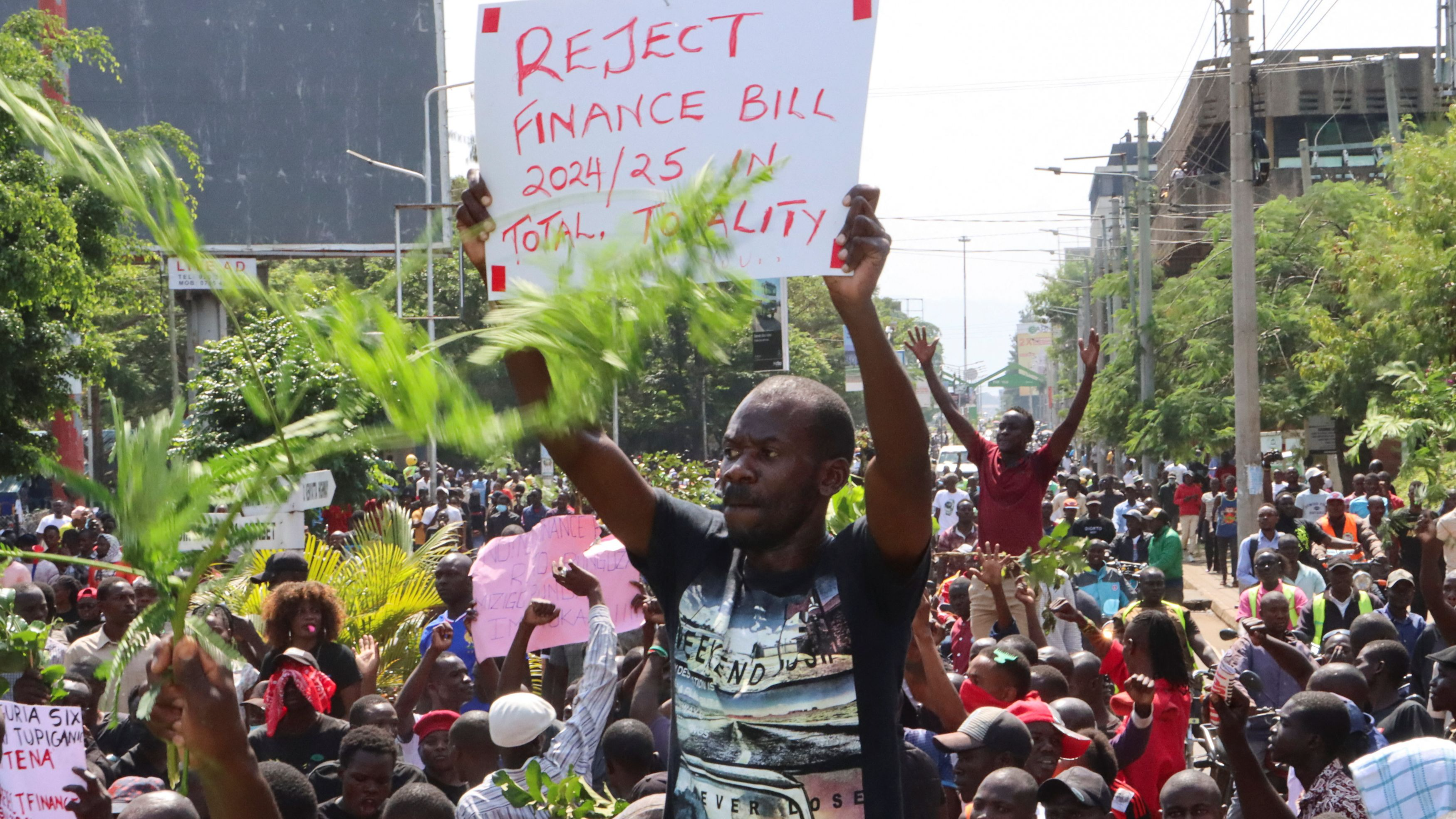 Protesters at a demonstration against Kenya's proposed finance bill 2024/2025 in Kisumu town, Kenya, June 20, 2024. /Reuters