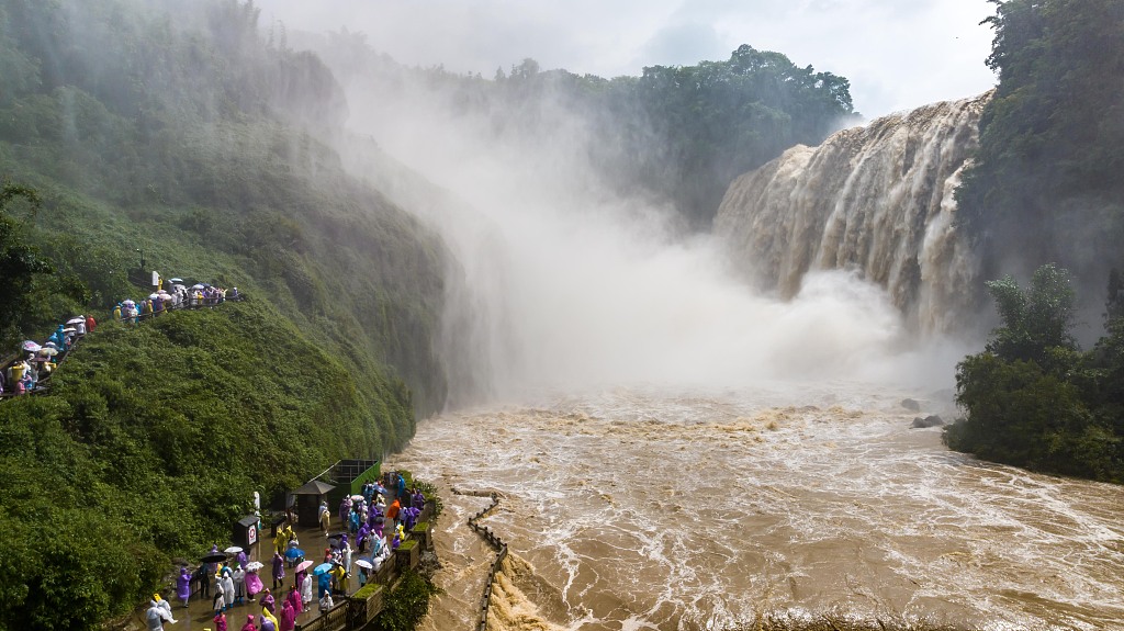 Huangguoshu Waterfall is seen gushing at peak flow in Anshun, Guizhou Province on June 20, 2024. /CFP