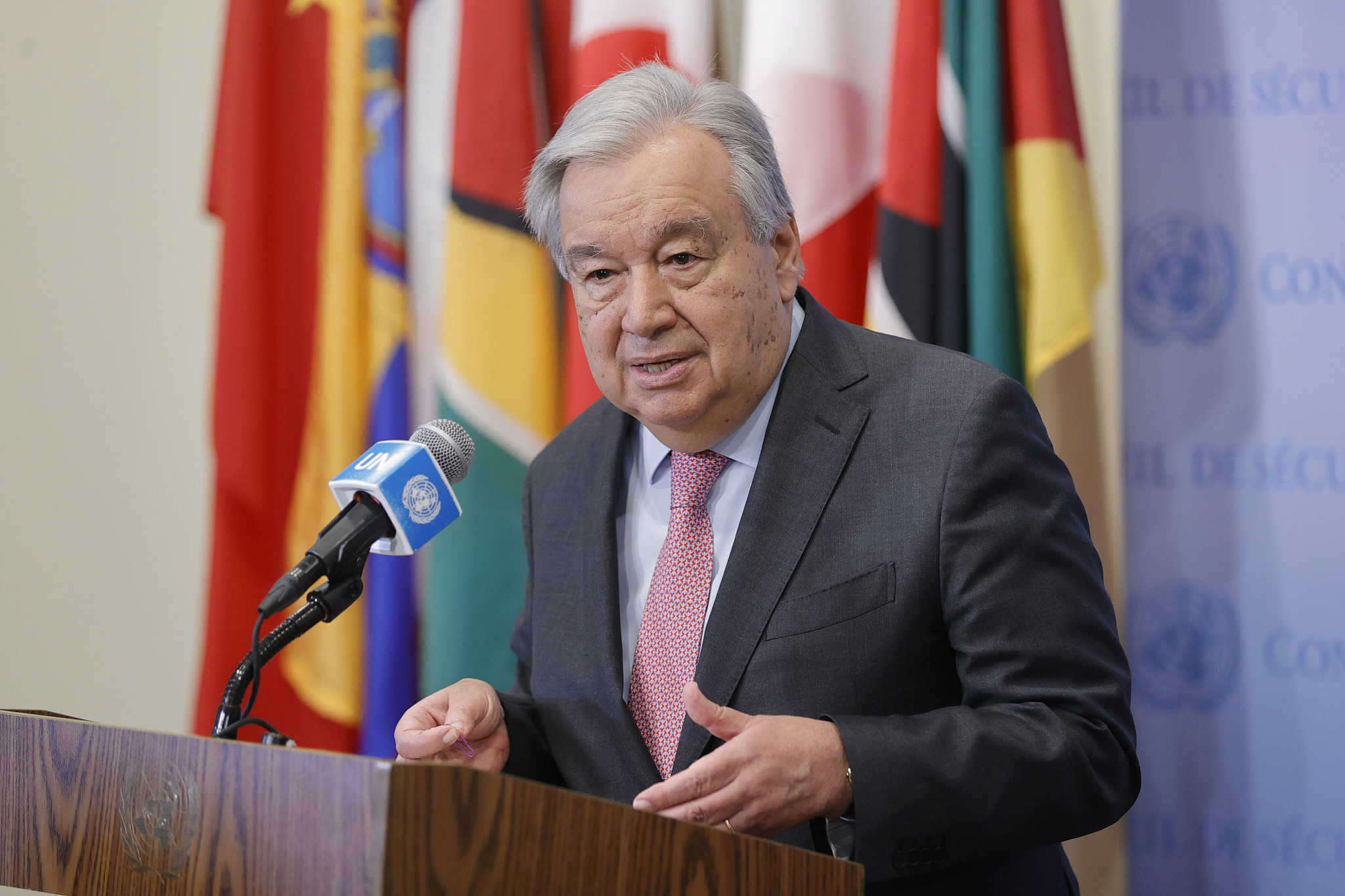 The United Nations Secretary-General Antonio Guterres briefs the press on the escalation between Israel and Hezbollah along the Blue Line, a demarcation line set by the UN in 2000 between Lebanon and Israel, at the United Nations Headquarters in New York City, June 21, 2024. /CFP