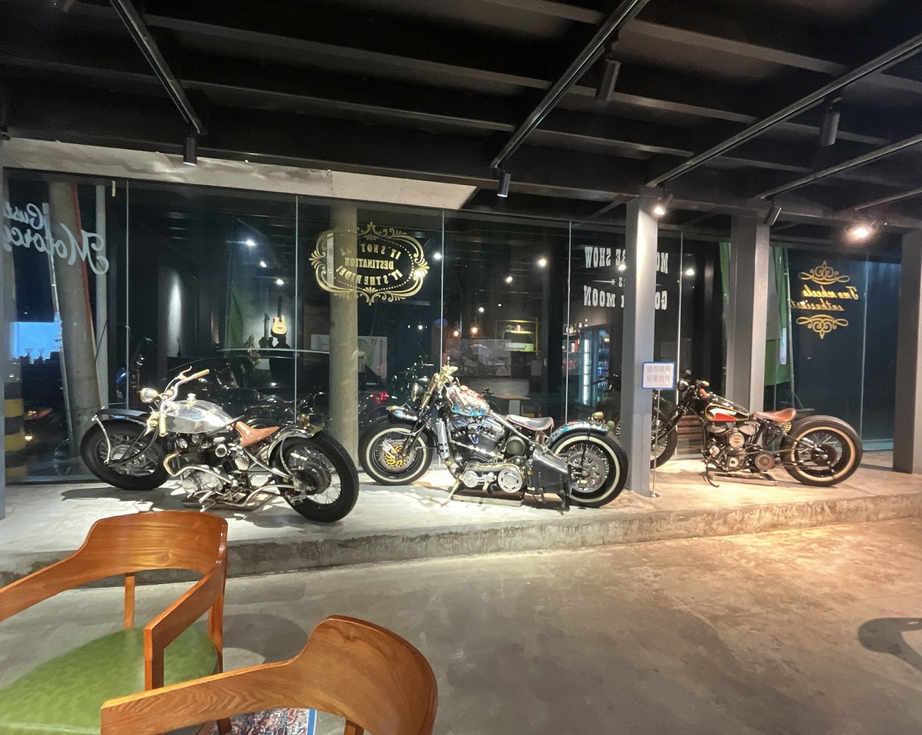 A collection of motorcycles are displayed at Sam Paul Tea, a tea house with creative drinks. /Courtesy of Tian Sen