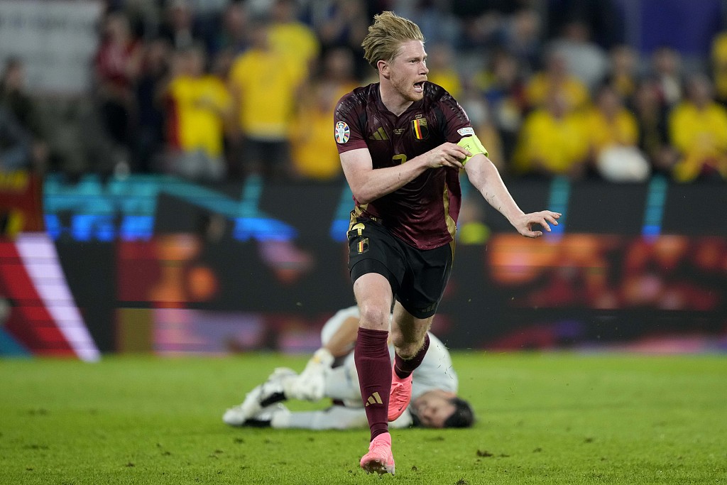 Kevin De Bruyne of Belgium celebrates after scoring a goal in the UEFA European Championship group game against Romania in Cologne, Germany, June 22, 2024. /CFP