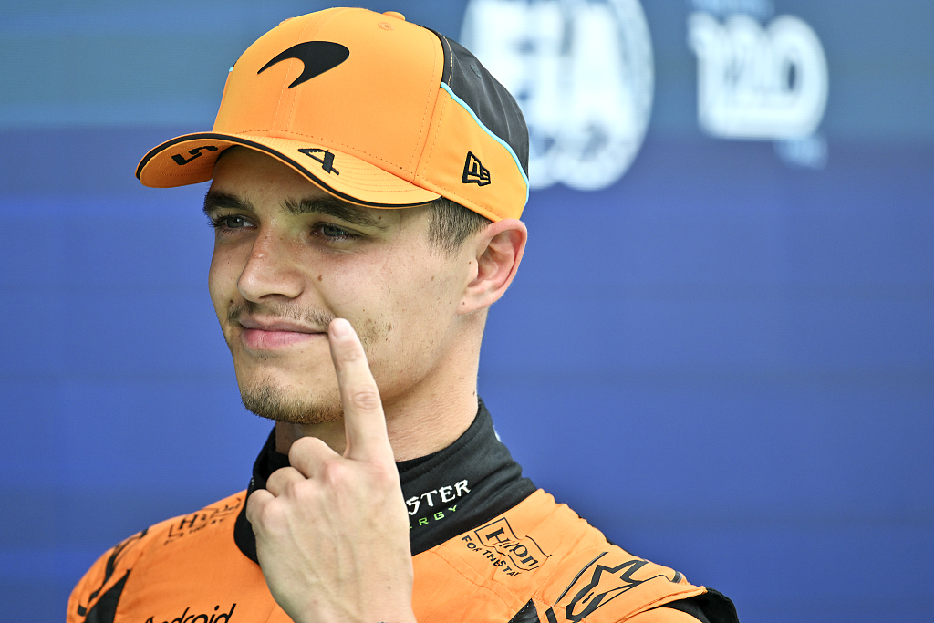 Lando Norris of McLaren's Formula One team celebrates after securing a  pole position during qualifying ahead of the Grand Prix of Spain at Circuit de Barcelona-Catalunya in Barcelona, Spain, June 22, 2024. /CFP 