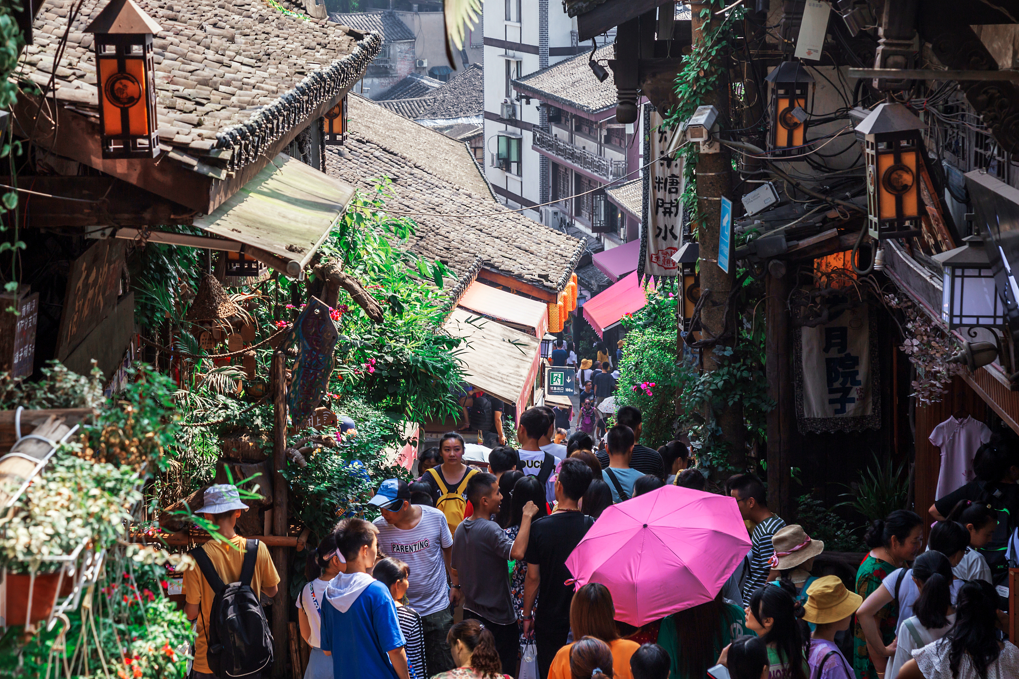 Strolling through streets of Ciqikou Ancient Town in Chongqing