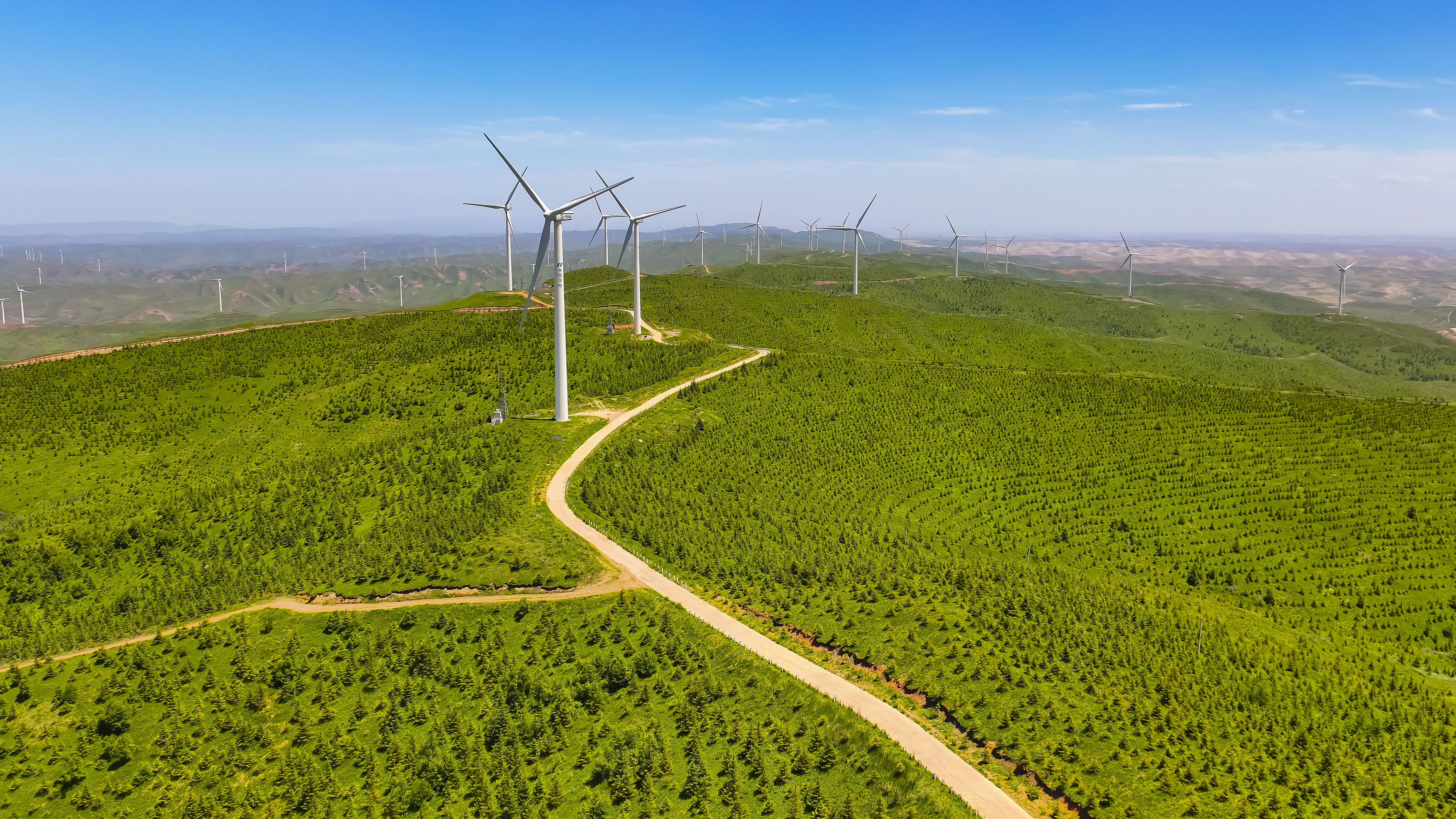 Wind turbines stand on top of a mountain in Xiji County, Guyuan City, northwest China's Ningxia Hui Autonomous Region, June 23, 2024. /CFP