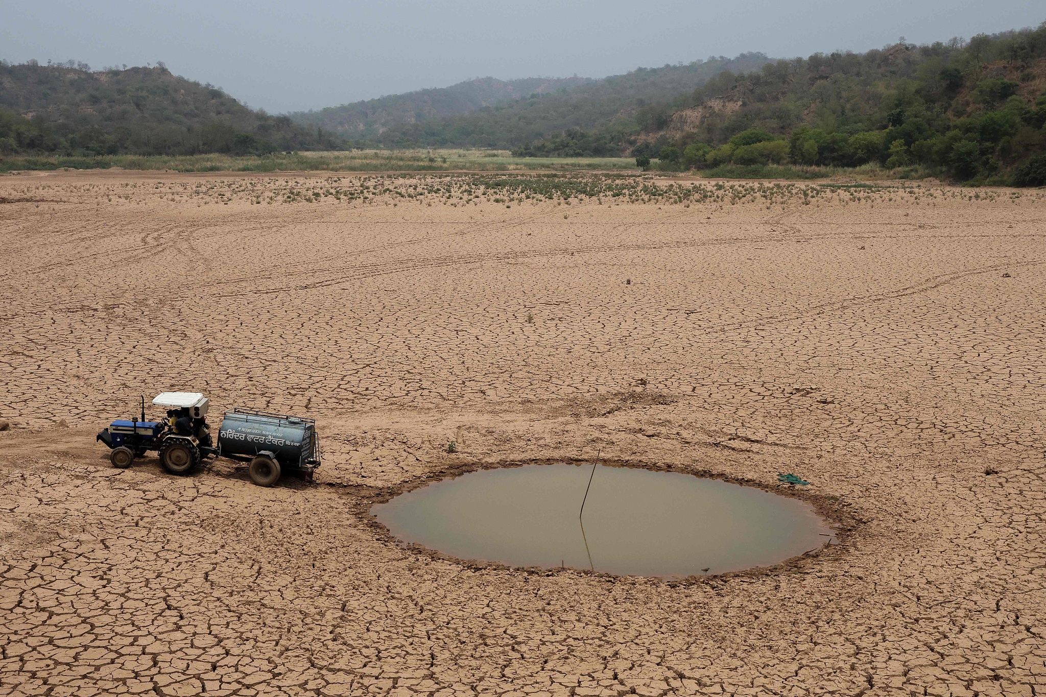 A water tanker drives away after filling a pit with water for the consumption of birds and other animals amid a drought at a parched section of Padach Dam on the outskirts of Chandigarh, India, June 23, 2024. /CFP