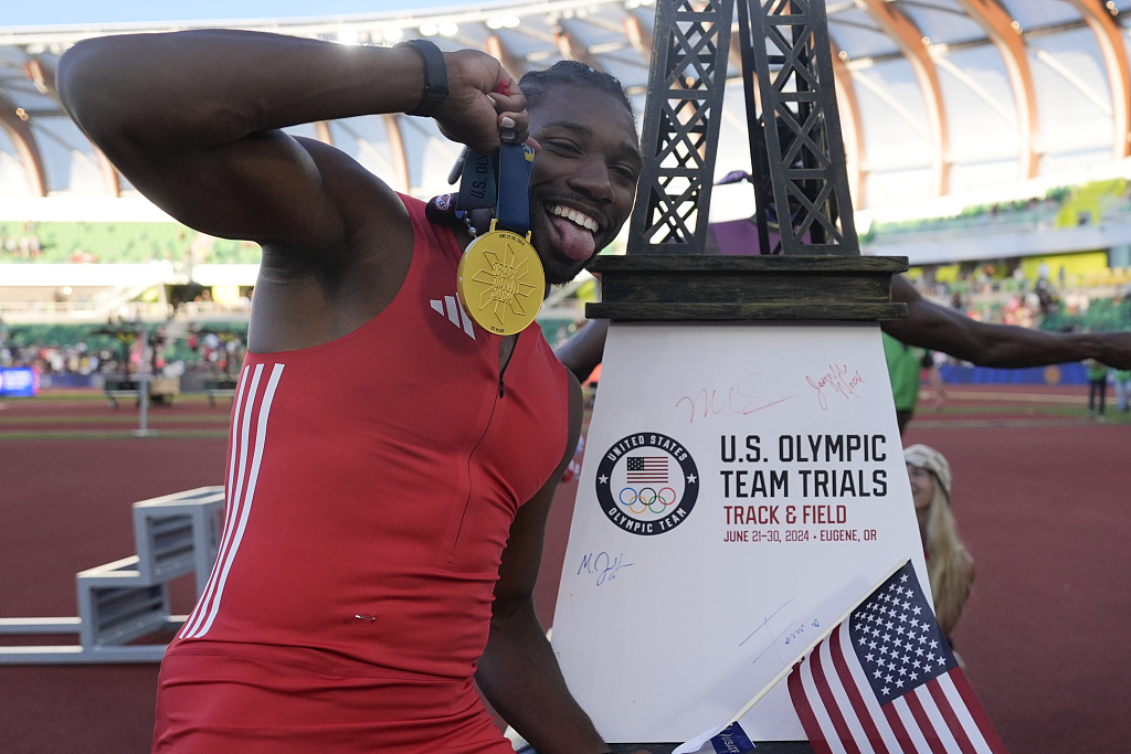 Noah Lyles of the U.S. celebrates after winning the men's 100-meter final during the U.S. Track and Field Olympic Team Trials in Eugene, U.S., June 23, 2024. /CFP 