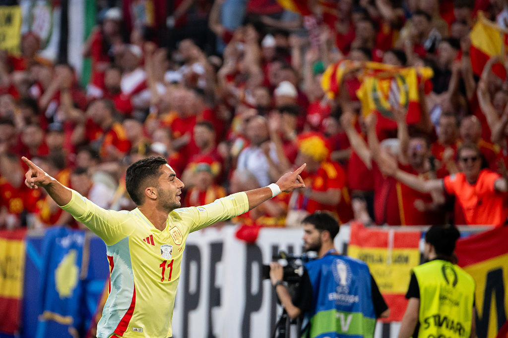 Ferran Torres of Spain celebrates after scoring a goal against Albania during their UEFA Euro 2024 Group B match in Dusseldorf, Germany, June 24, 2024. /CFP