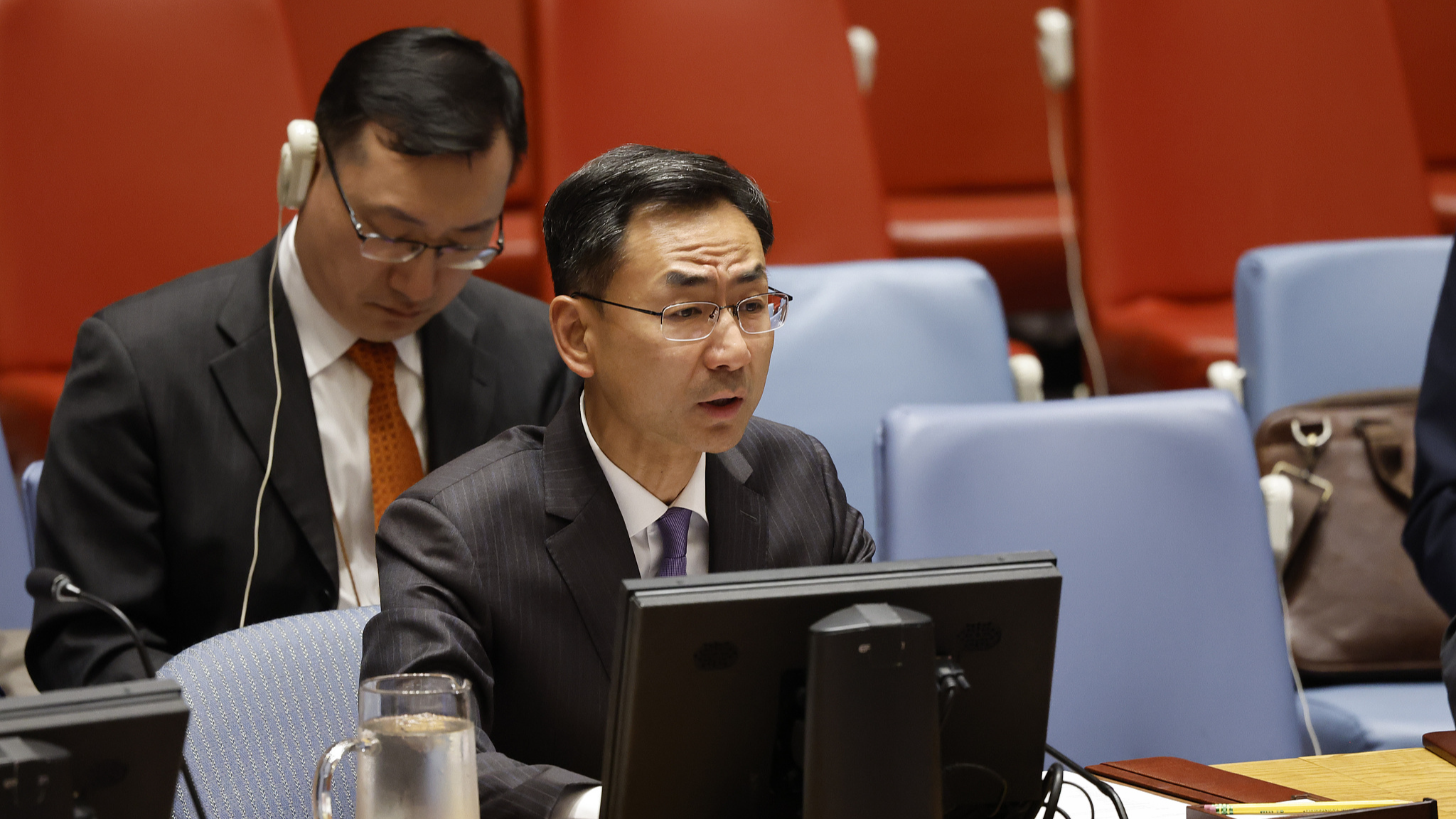 File picture: Geng Shuang, China's deputy permanent representative to the United Nations at a UN Security Council meeting on the Israel-Palestine conflict, May 13, 2024. /CFP