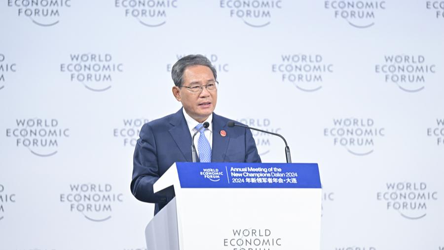 Chinese Premier Li Qiang addresses the opening plenary session of the World Economic Forum's 15th Annual Meeting of the New Champions, also known as Summer Davos 2024, in Dalian, northeast China's Liaoning, June 25, 2024. /Xinhua