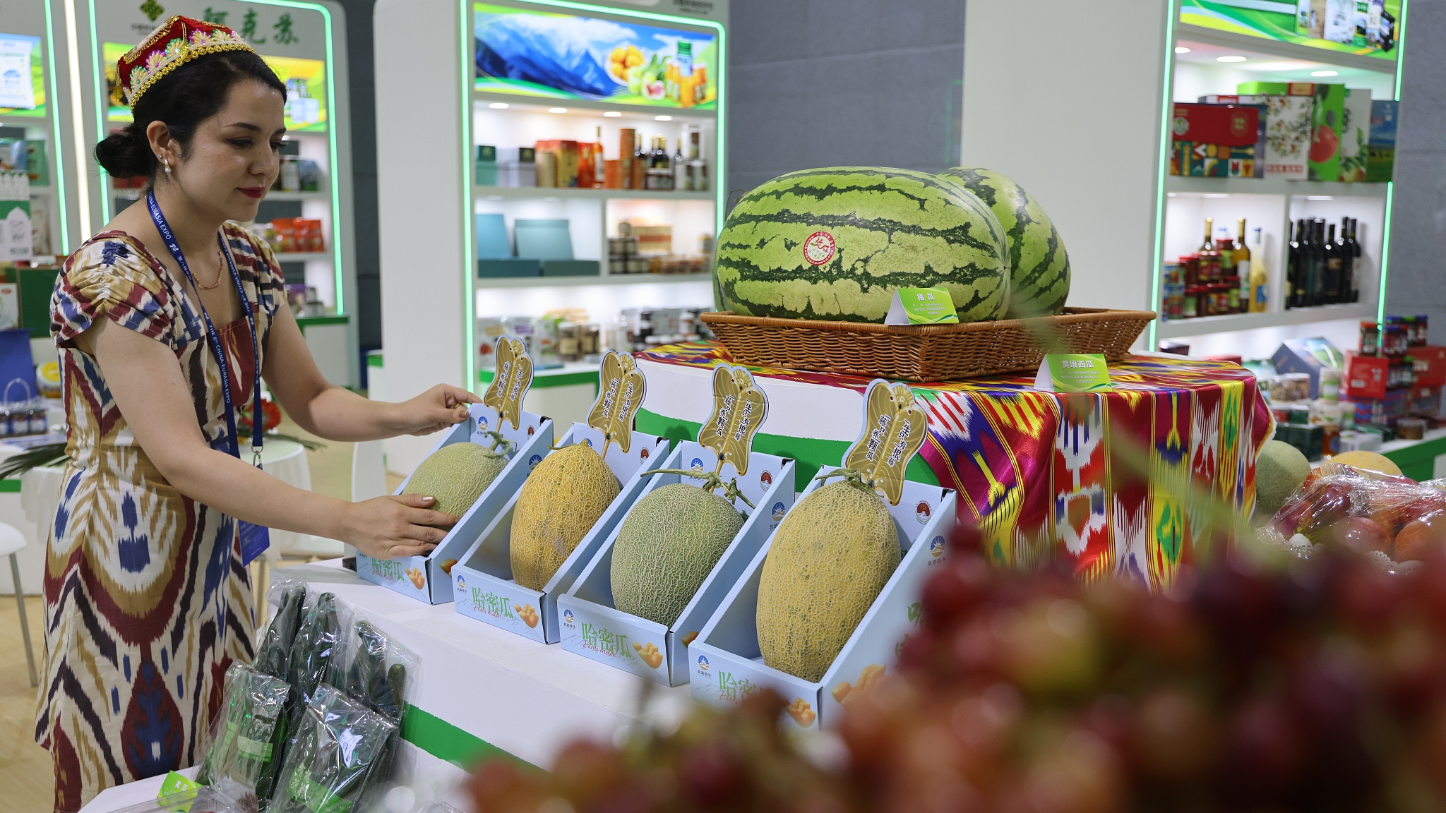 Agricultural and sideline products from different parts of Xinjiang are displayed at the 8th China-Eurasia Expo, June 26, 2024. /CFP