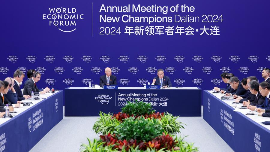 Chinese Premier Li Qiang attends a symposium for foreign business representatives at the 15th Annual Meeting of the New Champions, also known as Summer Davos, in Dalian, northeast China's Liaoning Province, June 25, 2024. /Xinhua