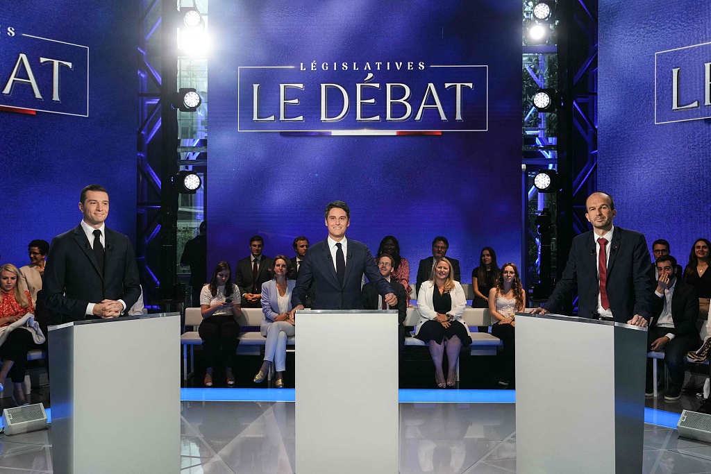 (From L) National Rally President Jordan Bardella, France's Prime Minister Gabriel Attal and La France Insoumise MP Manuel Bompard pose prior to a debate on TF1, in Boulogne-Billancourt, outside Paris, June 25, 2024. /CFP
