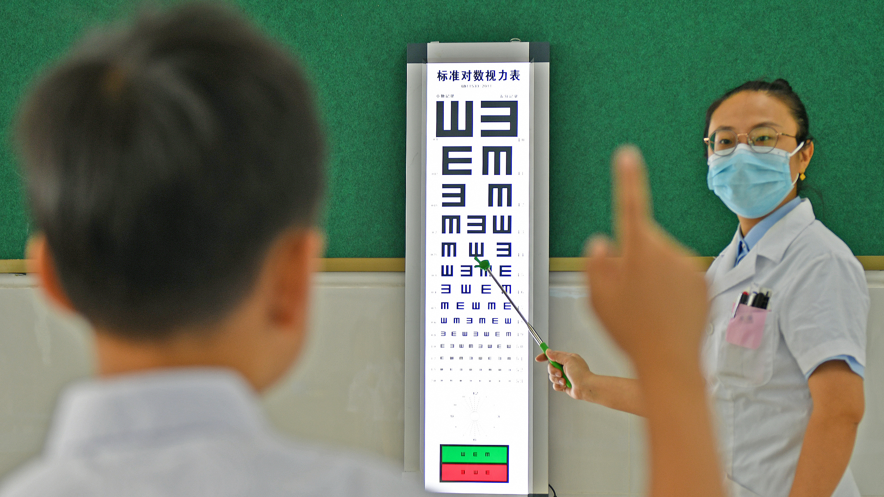 An eye doctor examines a student's eyesight in Yantai, east China's Shandong Province, June 5, 2024. /CFP