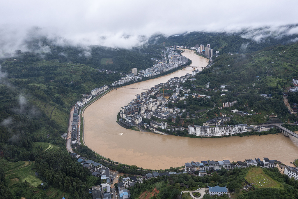 River water level rises in Congjiang County after heavy rainfall, Qiandongnan Miao and Dong Autonomous Prefecture, Southwest China's Guizhou Province, June 30, 2024. /CFP
