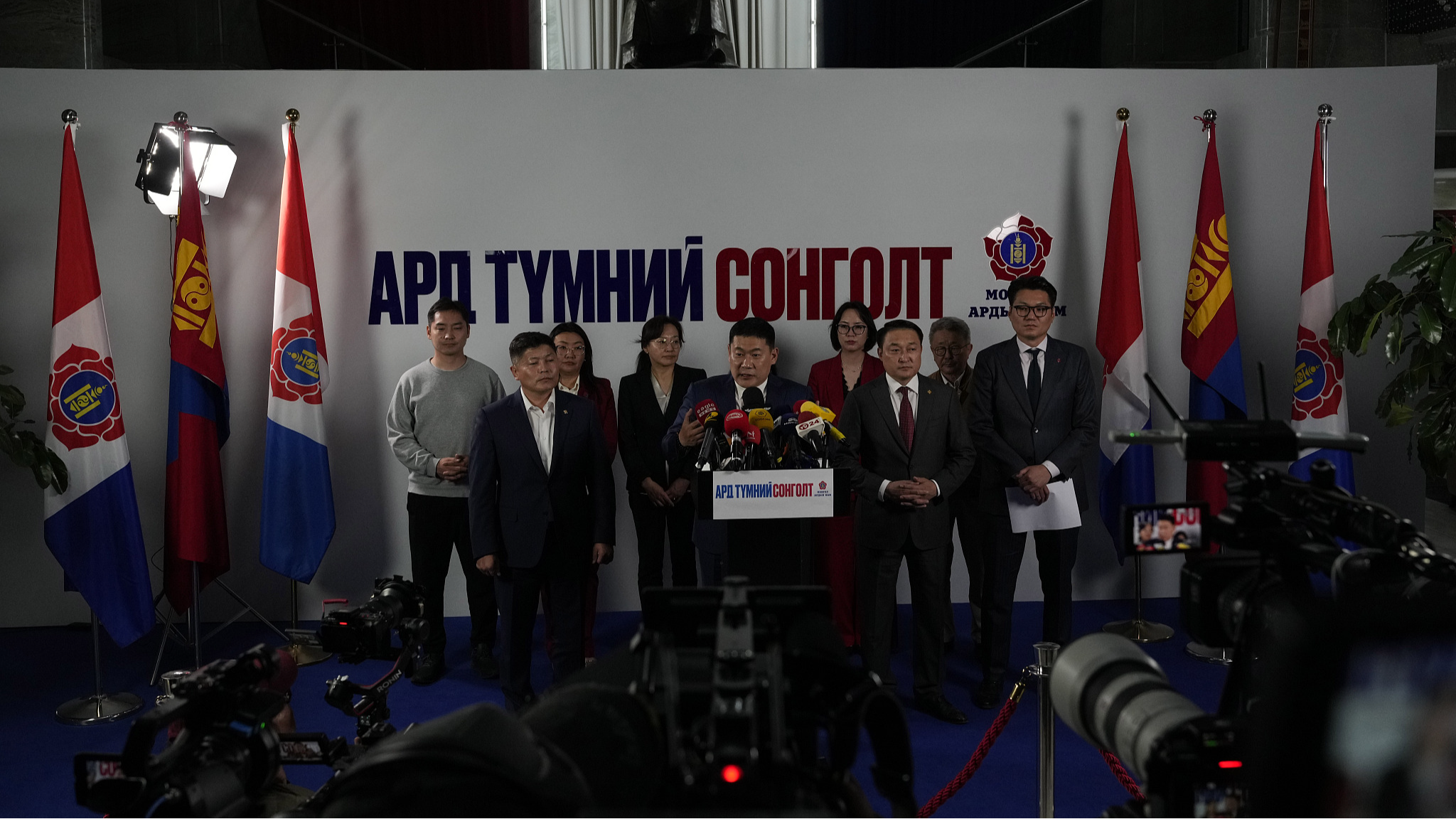 Mongolian Prime Minister Oyun-Erdene Luvsannamsrai speaks a press conference on the results of the parliamentary elections held at the Mongolian People's Party headquarters in Ulaanbaatar, Mongolia, June 29, 2024. /CFP