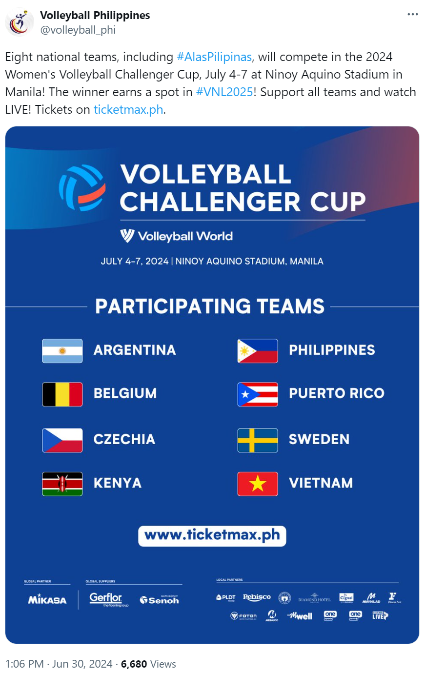 Volleyball Philippines' tweet on June 30 about the teams participating in the Challenger Cup. /@volleyball_phi