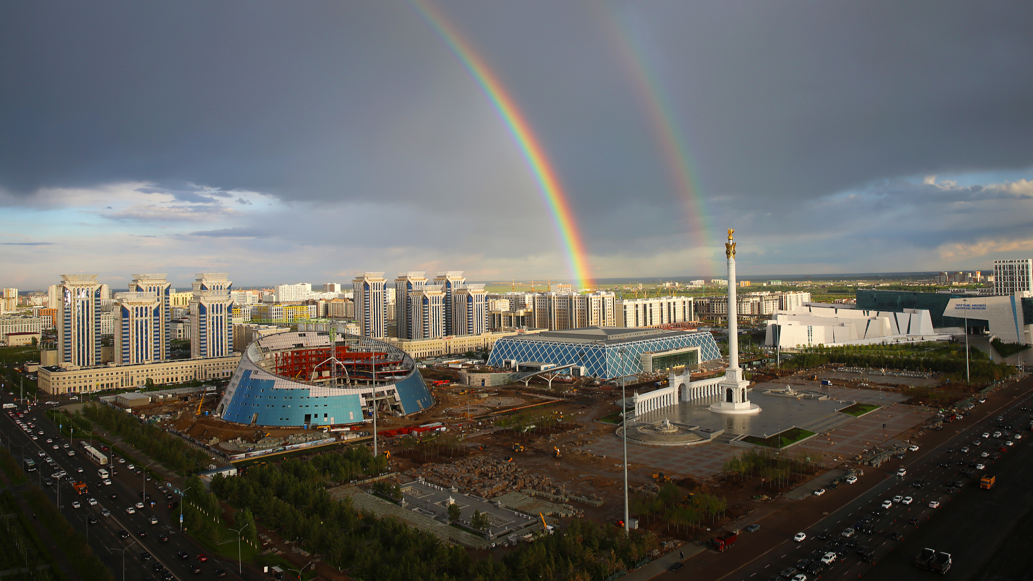 Two rainbows appear in the sky above Astana, Kazakhstan, May 22, 2024. /CFP